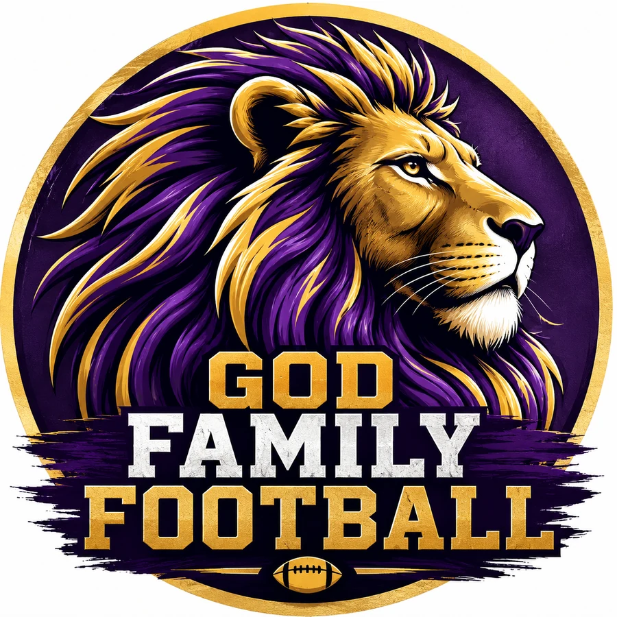 Purple and gold lion emblem with the words God Family Football.